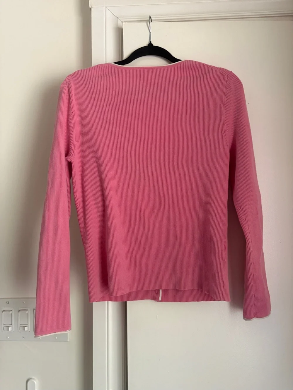 LOFT Pink Ribbed V-Neck Cardigan with white Trim - Picture 12 of 15